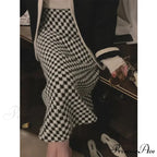 Black White Thousand Bird Plaid Thickened High Waisted Knitted A-Line Skirt