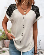 Block Color V-neck Lace Tee