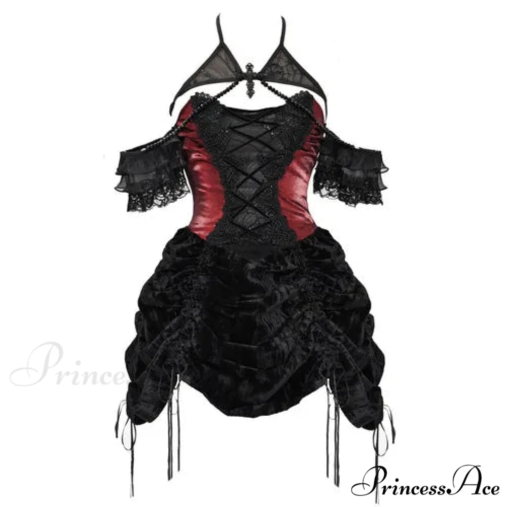 Blood Supply Gothic Velvet Slim Strap Drawstring Halter Black Red Grunge Mini Halloween Vestido Autumn Dress
