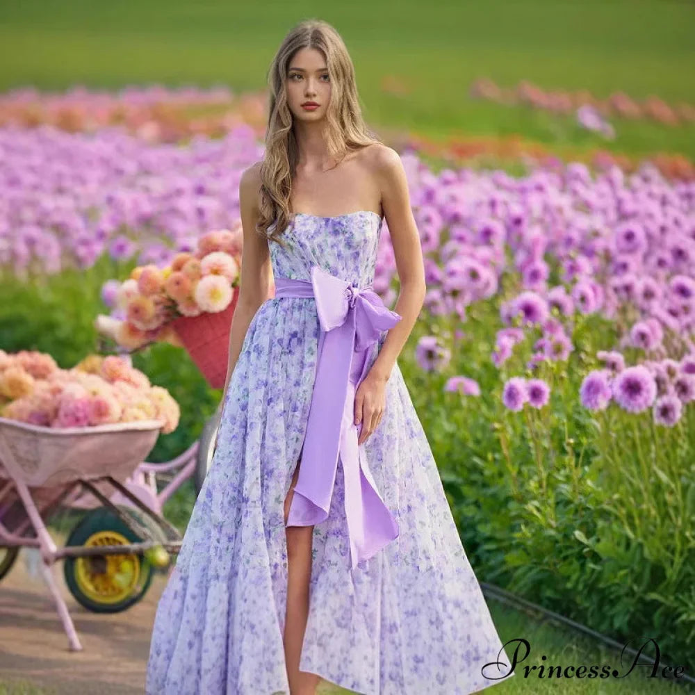 Blossoming Frilled V-Neck Tall Hem Prom Gown