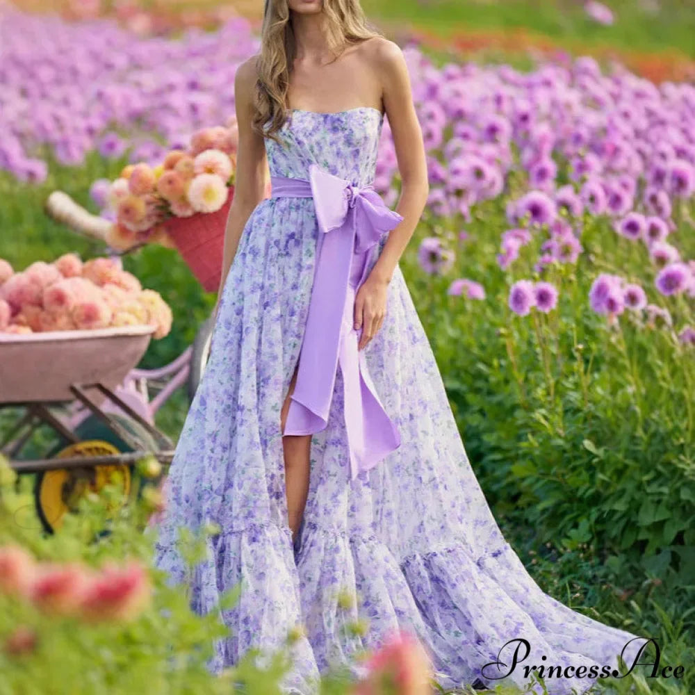Blossoming Frilled V-Neck Tall Hem Prom Gown