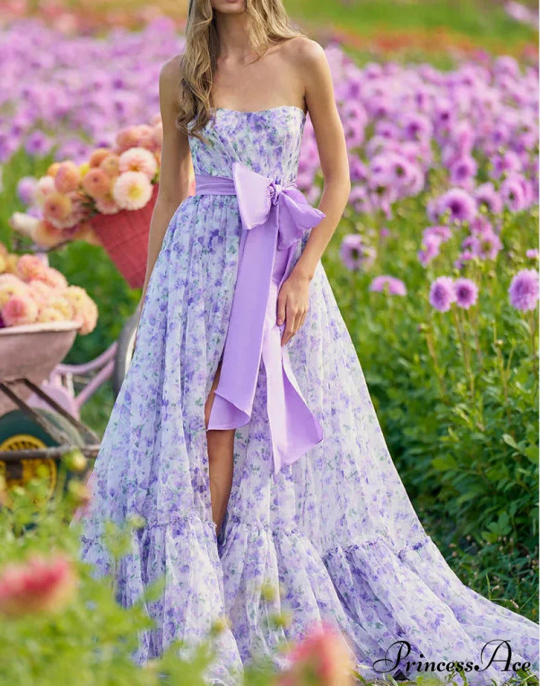 Blossoming Frilled V-Neck Tall Hem Prom Gown