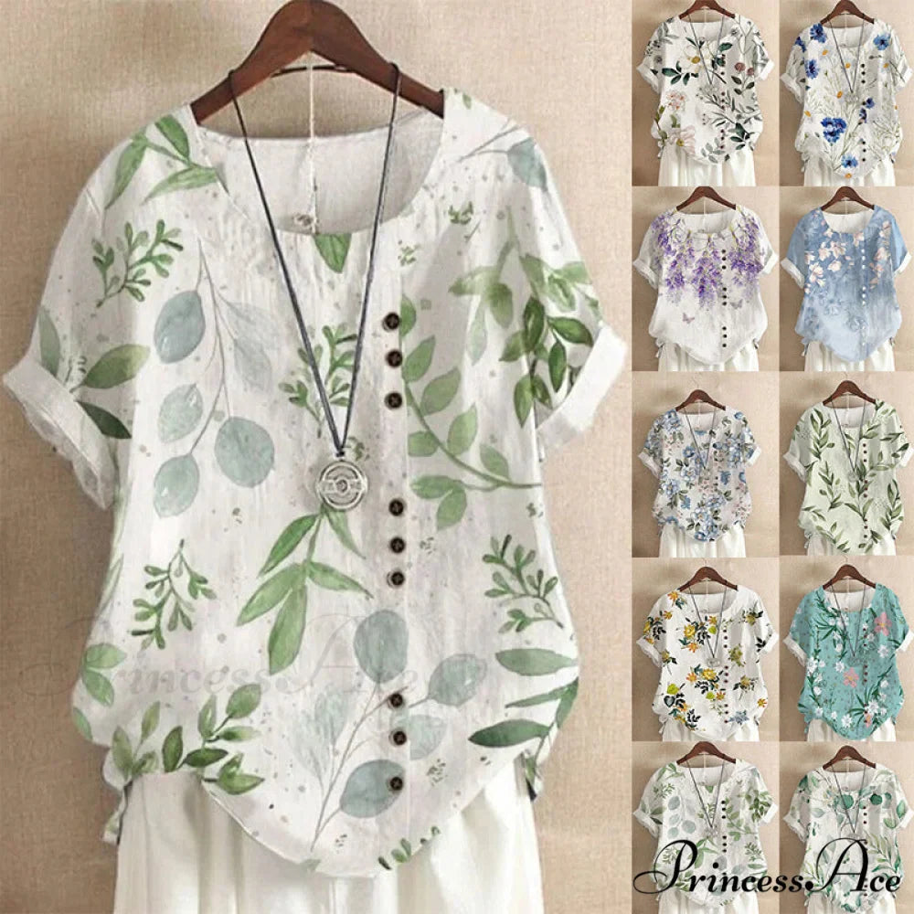 Blouse Casual for Fashion Loose Patterned Short-sleeved Retro Blouse Summer