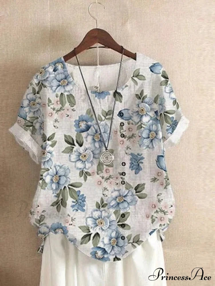 Blouse Casual for Fashion Loose Patterned Short-sleeved Retro Blouse Summer