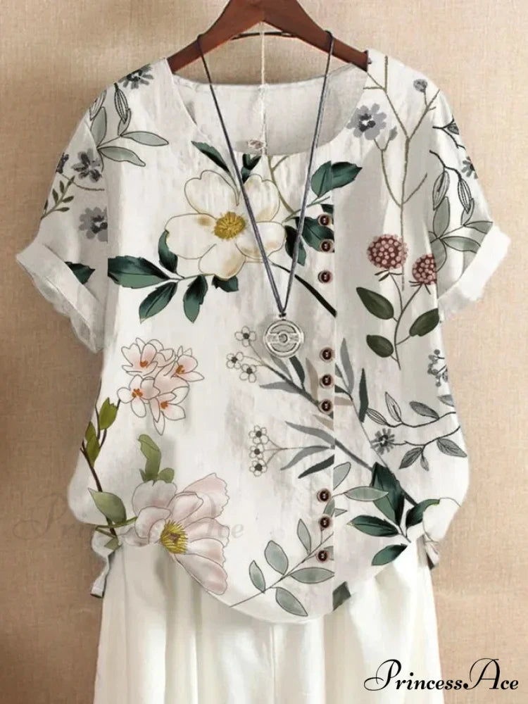 Blouse Casual for Fashion Loose Patterned Short-sleeved Retro Blouse Summer