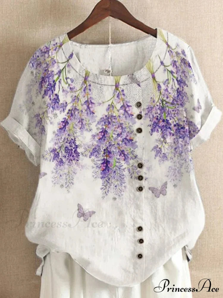 Blouse Casual for Fashion Loose Patterned Short-sleeved Retro Blouse Summer