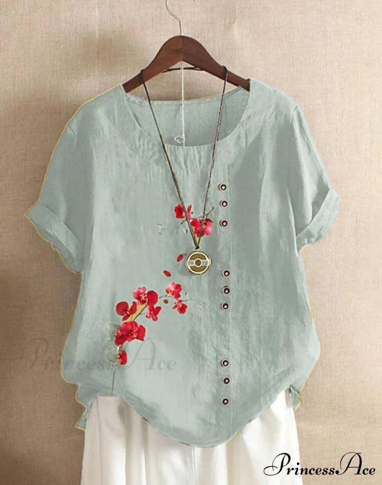 Blouse Casual for Fashion Loose Patterned Short-sleeved Retro Blouse Summer