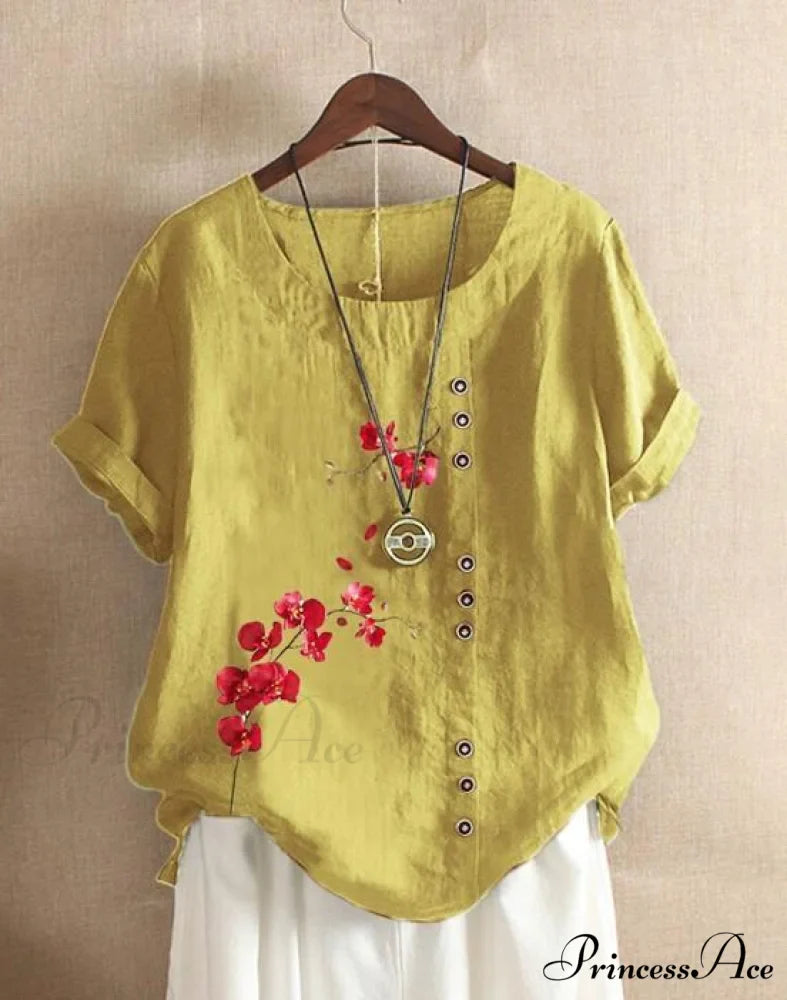 Blouse Casual for Fashion Loose Patterned Short-sleeved Retro Blouse Summer