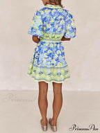 Blue And Yellow Charming Floral Print Mini Dress