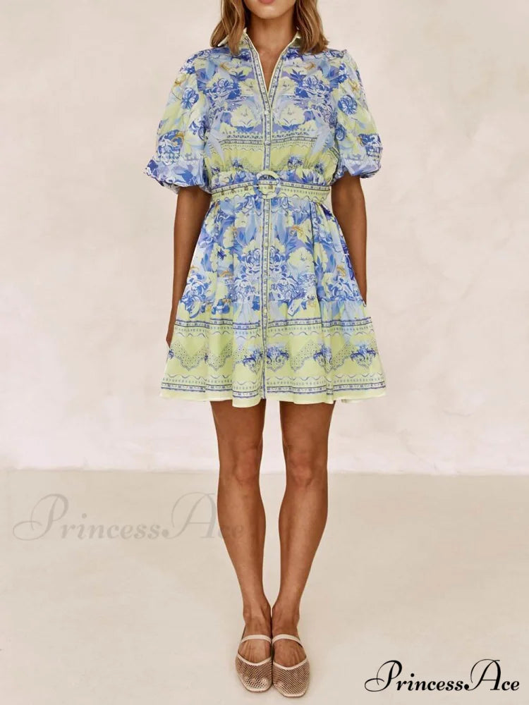 Blue And Yellow Charming Floral Print Mini Dress