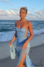 Blue Backless Side Split Dress with Ruched Detail