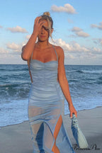 Blue Backless Side Split Dress with Ruched Detail