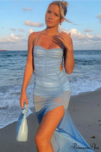 Blue Backless Side Split Dress with Ruched Detail