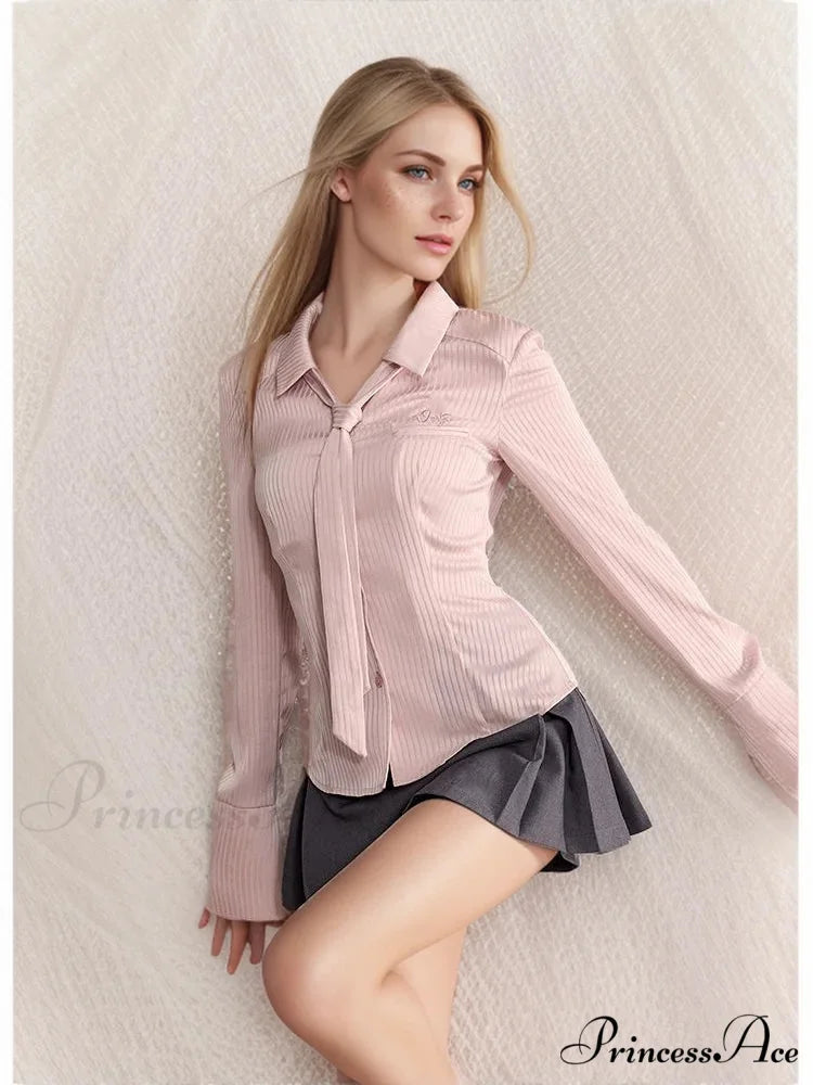 Blue Band Long Sleeve Necktie Blouse