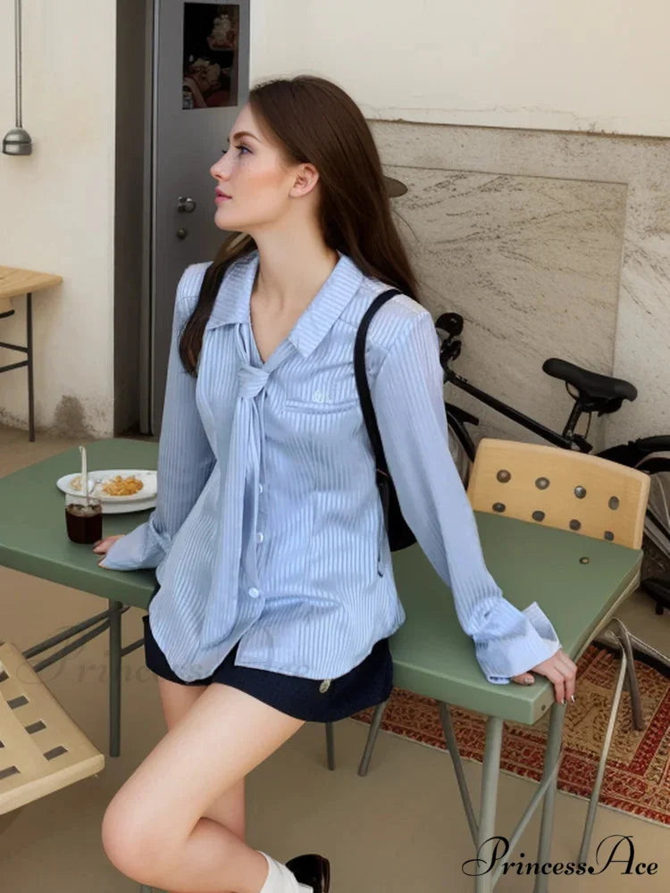 Blue Band Long Sleeve Necktie Blouse