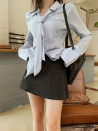 Blue Band Long Sleeve Necktie Blouse