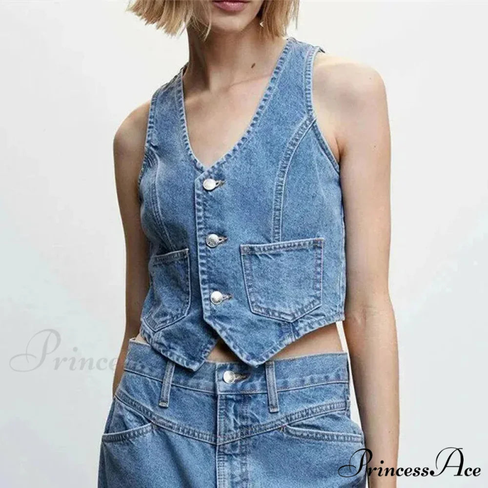 Blue Button V-Neck Cropped Top