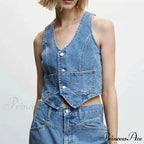 Blue Button V-Neck Cropped Top