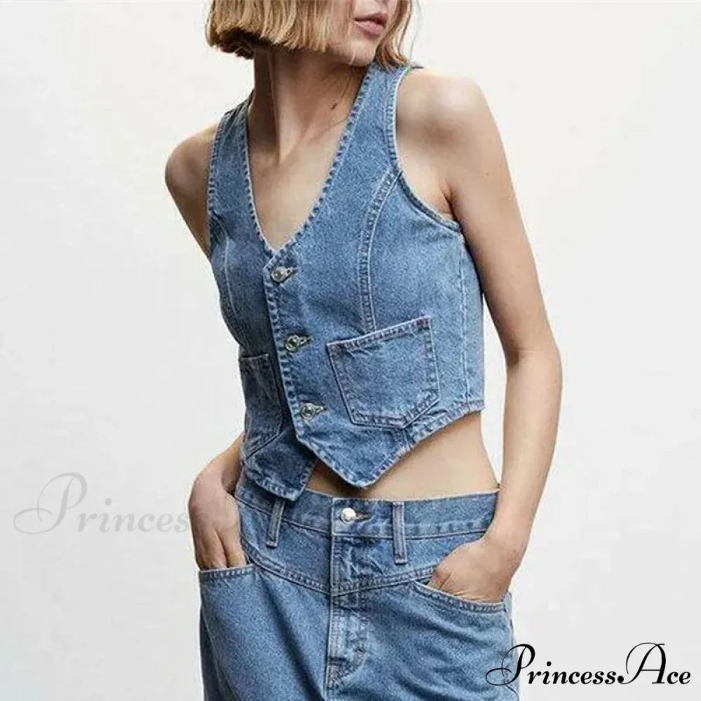 Blue Button V-Neck Cropped Top