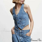 Blue Button V-Neck Cropped Top