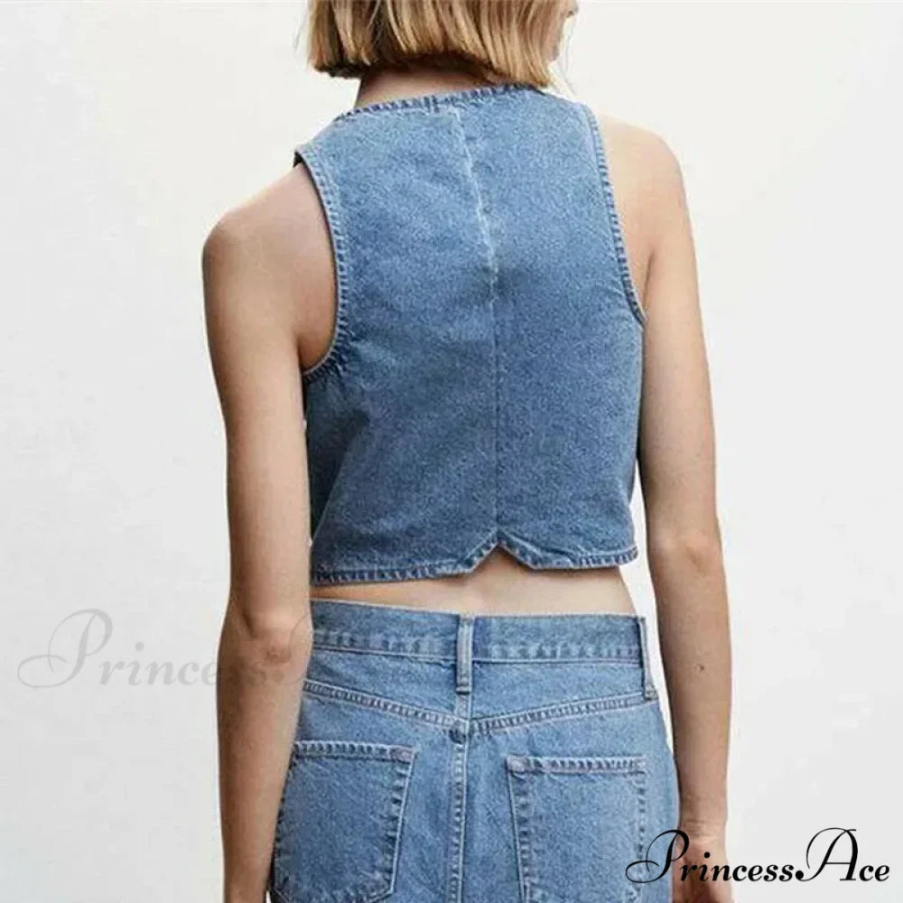 Blue Button V-Neck Cropped Top