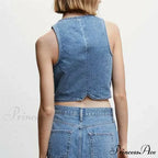 Blue Button V-Neck Cropped Top