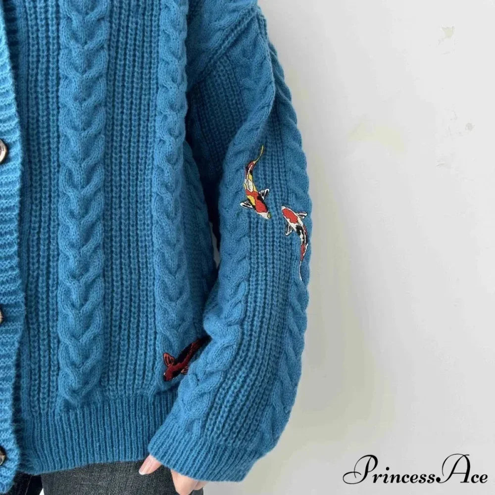 Blue Carp V-neck Decorated Cardigan