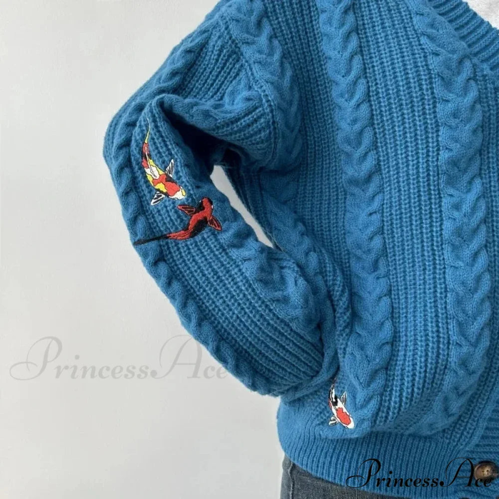 Blue Carp V-neck Decorated Cardigan