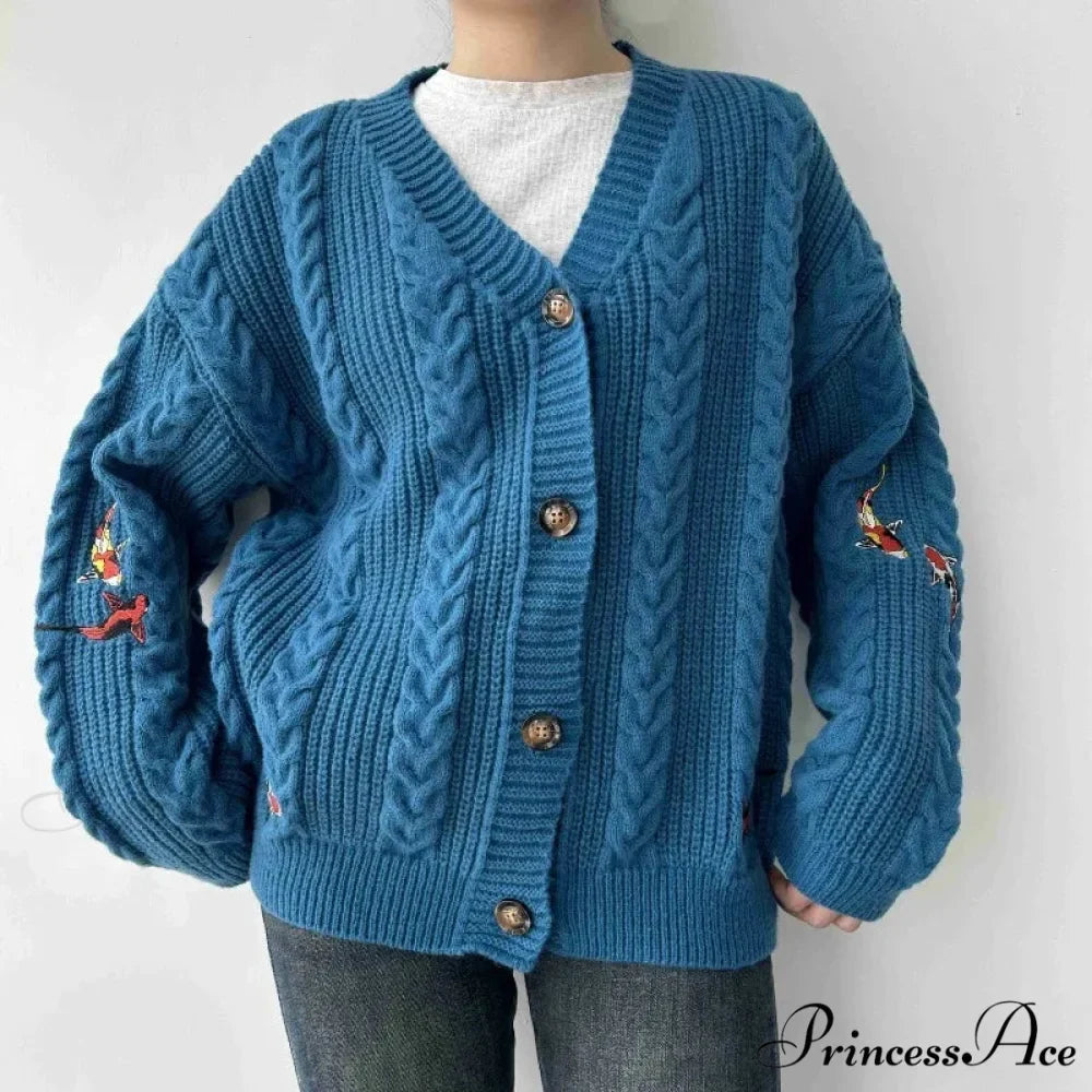 Blue Carp V-neck Decorated Cardigan