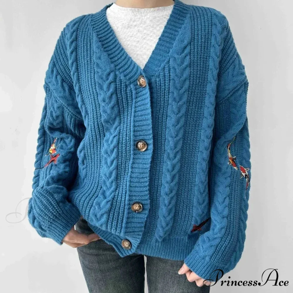Blue Carp V-neck Decorated Cardigan