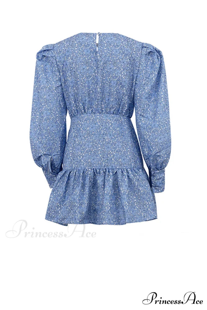 Blue Floral Dress with Puff Sleeve and Gathered Ruffle