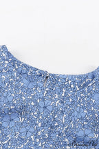 Blue Floral Dress with Puff Sleeve and Gathered Ruffle