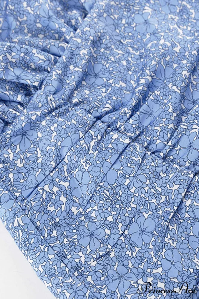 Blue Floral Dress with Puff Sleeve and Gathered Ruffle