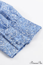 Blue Floral Dress with Puff Sleeve and Gathered Ruffle