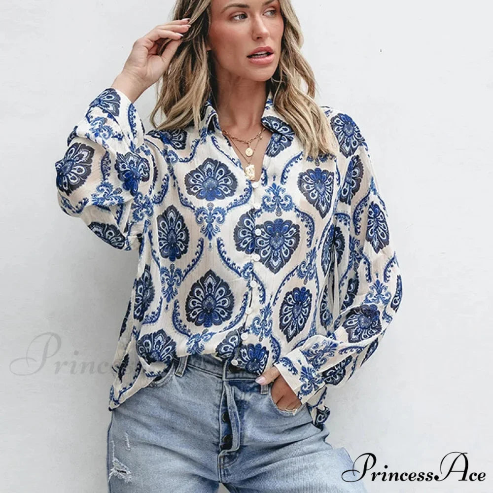 Blue Flowered Printed Extended Sleeve V-Neck Bohemian Top
