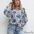 Blue Flowered Printed Extended Sleeve V-Neck Bohemian Top