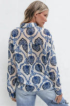 Blue Flowered Printed Extended Sleeve V-Neck Bohemian Top