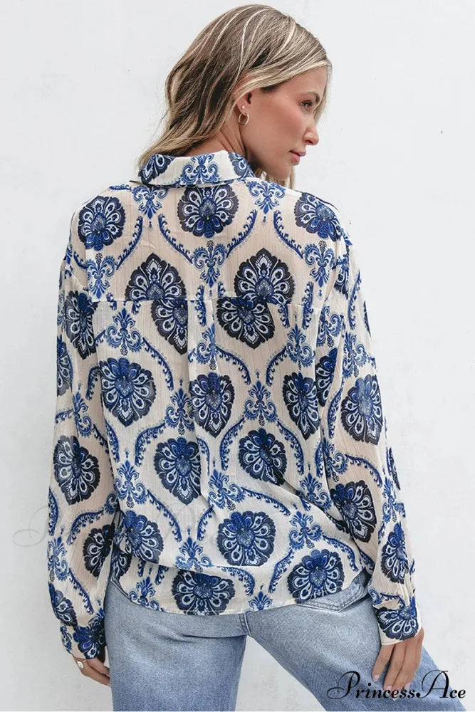 Blue Flowered Printed Extended Sleeve V-Neck Bohemian Top