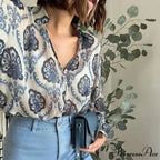 Blue Flowered Printed Extended Sleeve V-Neck Bohemian Top