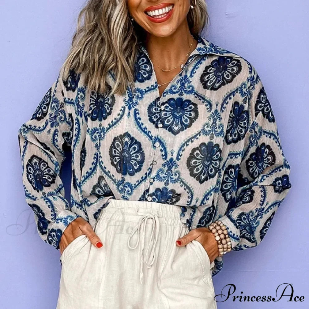 Blue Flowered Printed Extended Sleeve V-Neck Bohemian Top