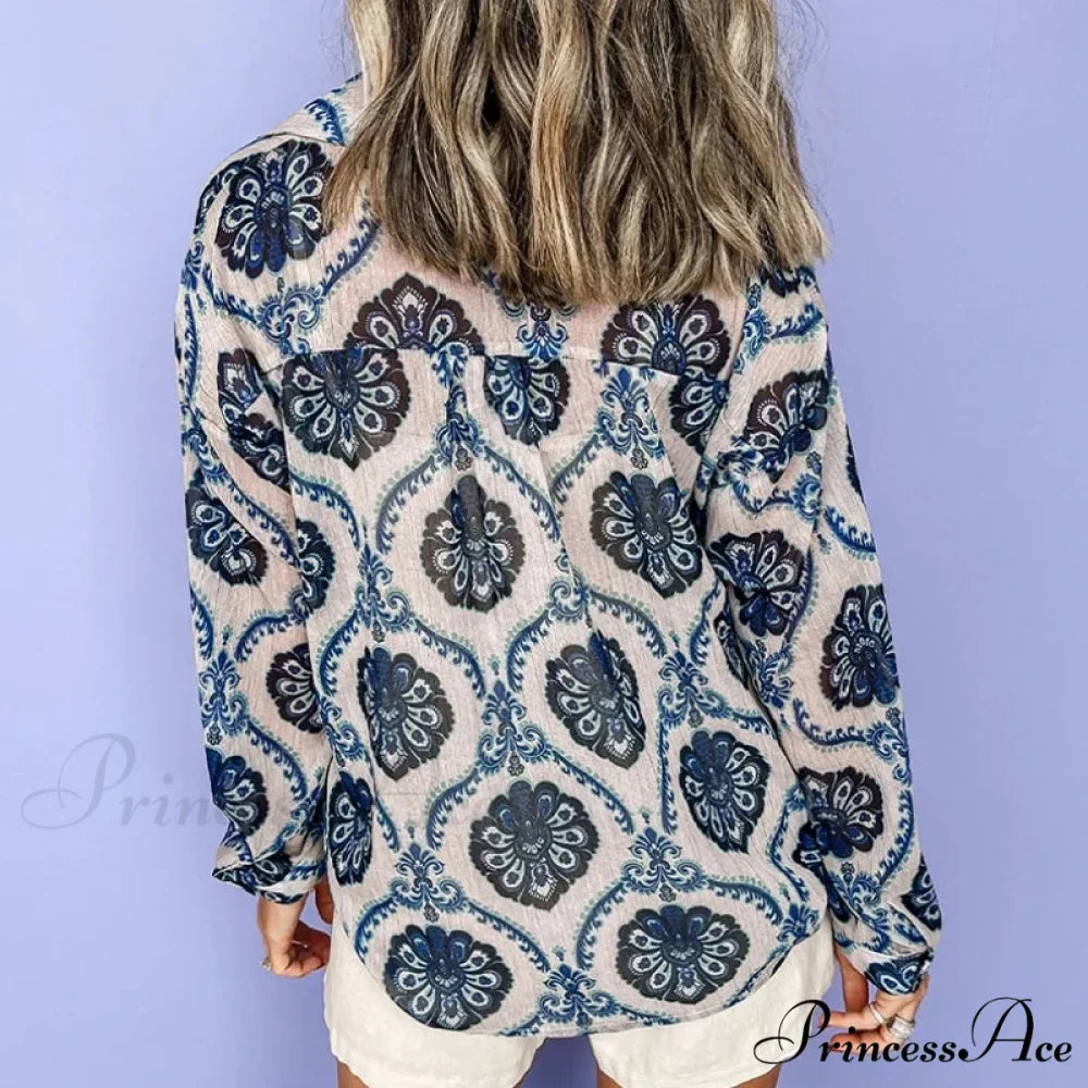 Blue Flowered Printed Extended Sleeve V-Neck Bohemian Top