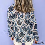 Blue Flowered Printed Extended Sleeve V-Neck Bohemian Top