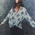 Blue Flowered Printed Extended Sleeve V-Neck Bohemian Top