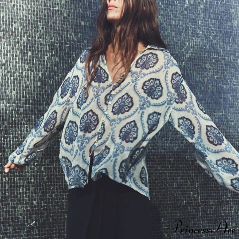 Blue Flowered Printed Extended Sleeve V-Neck Bohemian Top