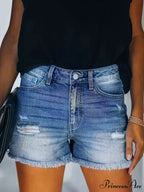 Blue Frayed Hem Denim Shorts Ripped Holes Slash Pockets Short Denim Jean