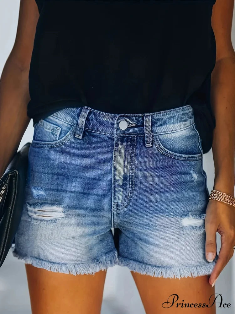 Blue Frayed Hem Denim Shorts Ripped Holes Slash Pockets Short Denim Jean
