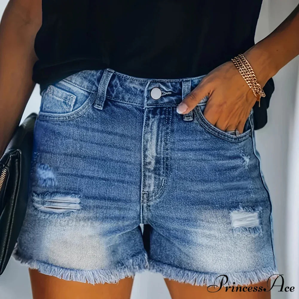 Blue Frayed Hem Denim Shorts Ripped Holes Slash Pockets Short Denim Jean