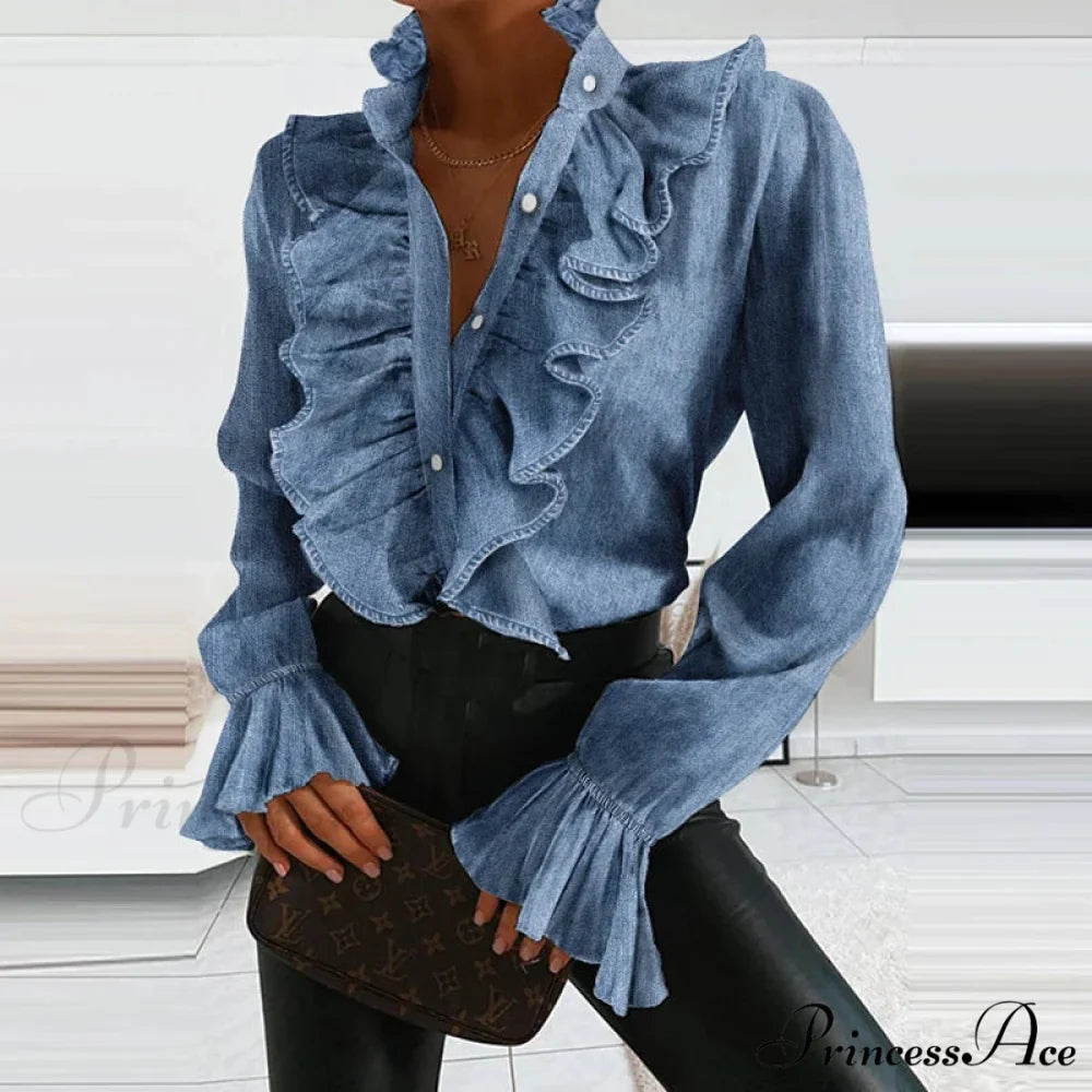 Blue Frilled Plunging Neckline Pleated Top