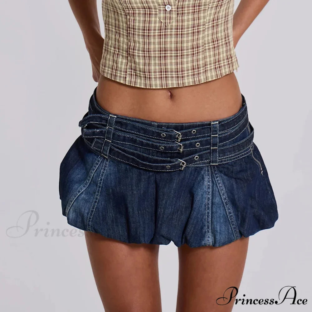 Blue Frilly Buckled Belted Skirt