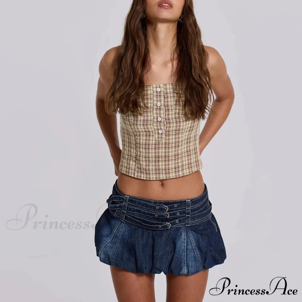 Blue Frilly Buckled Belted Skirt